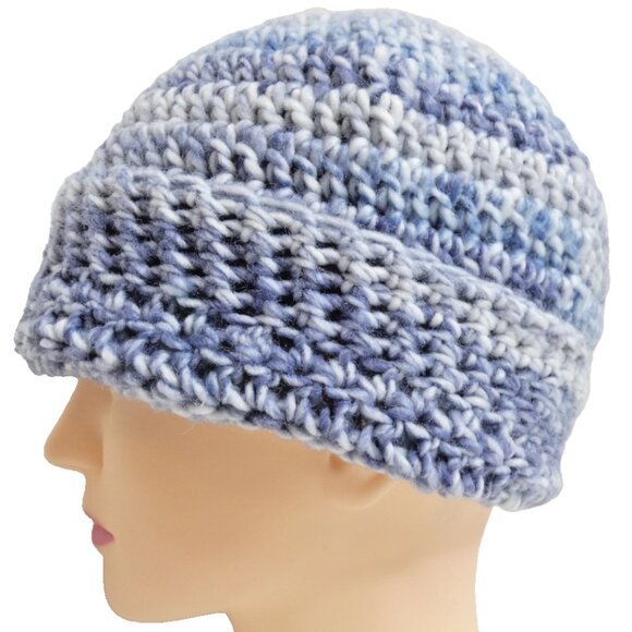 Blue Wool Slouchy Cap Striped Hat Baggy Beanie Handmade Crochet Hand Knit USA OS - Picture 5 of 7